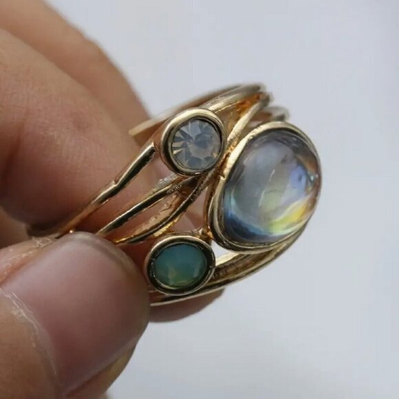 Turquoise Synthetic Three-Stone Ring, Gold Plated, Wide Statement Ring - Picture 5 of 8